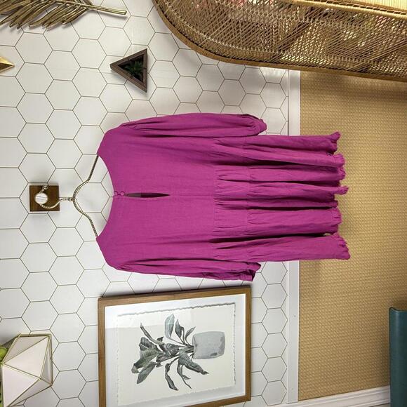 Umgee Magenta Oversized Tiered Babydoll Linen Blend Dress - Size - Small - Picture 3 of 7